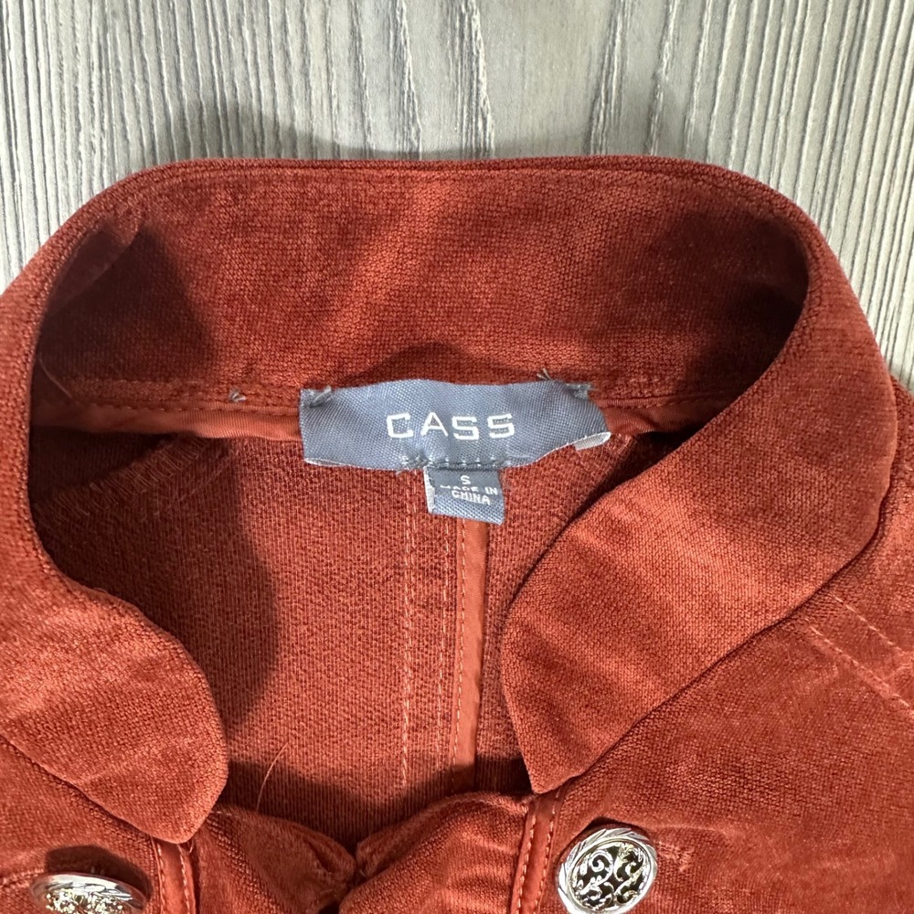 Cass Rust Military Style Jacket - SIZE S Ruffle Velvet Gold Buttons Lightweight - Picture 6 of 7